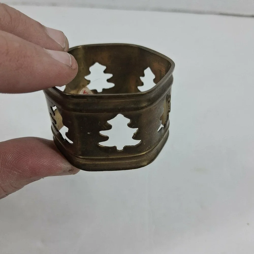 Vintage Brass Christmas Tree Napkin Rings Set of 4 Hexagon Holiday Gold‎ India